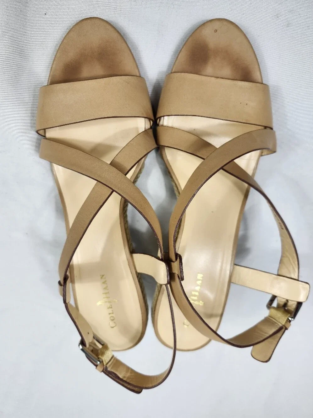 Cole Haan Womens 8.5 B Tan Leather Cross-Strap Wedge Yarn Sandals